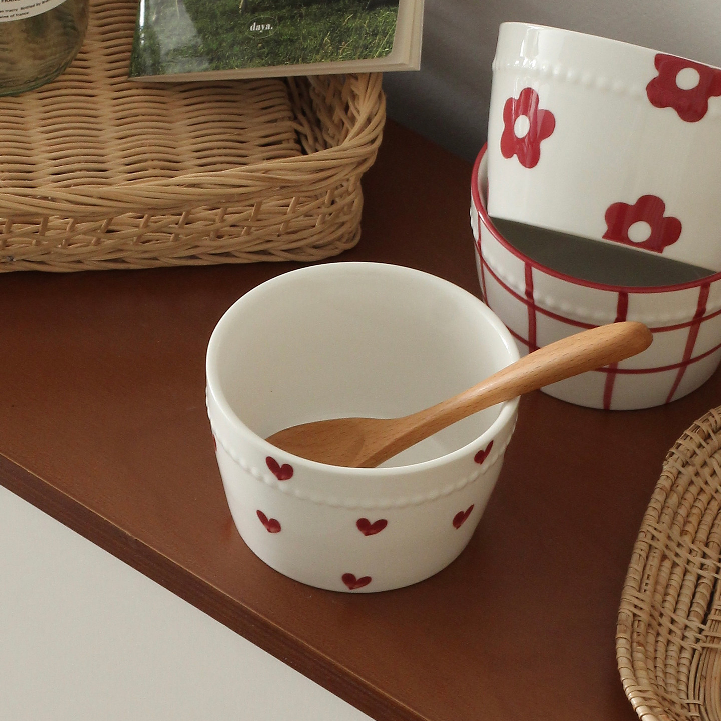 Nordic Red Heart Ceramic Bowl with Wooden Spoon - Sweet Tableware