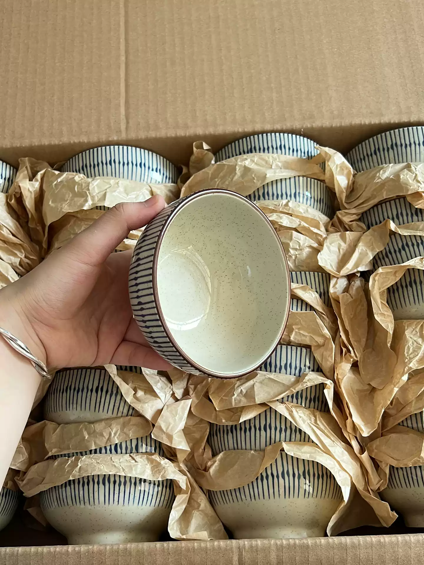 Japanese Style Blue Striped Ceramic Bowl - Vintage Tableware
