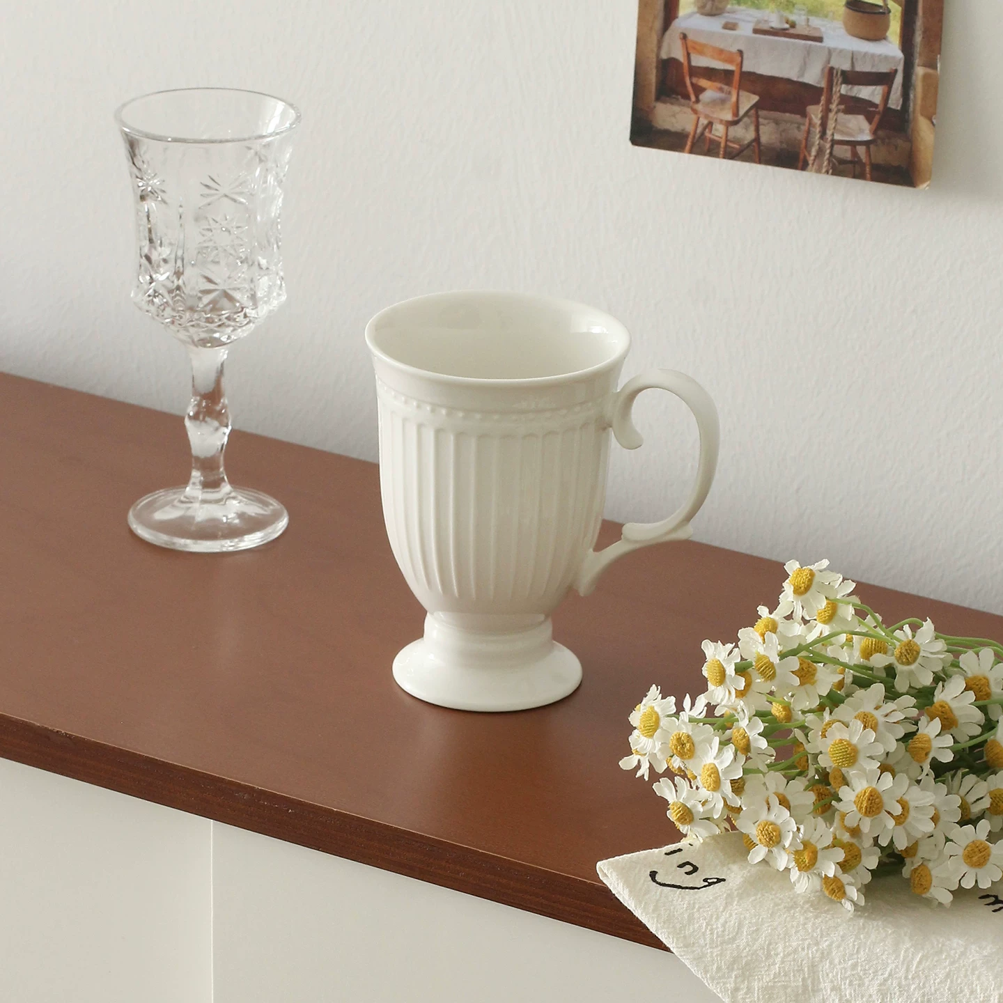 Nordic Vintage Beaded High-Foot Ceramic Mug - Elegant Coffee Cup