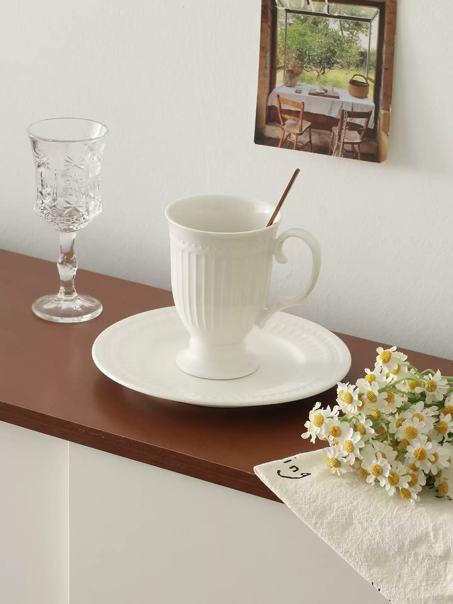 Nordic Vintage Beaded High-Foot Ceramic Mug - Elegant Coffee Cup