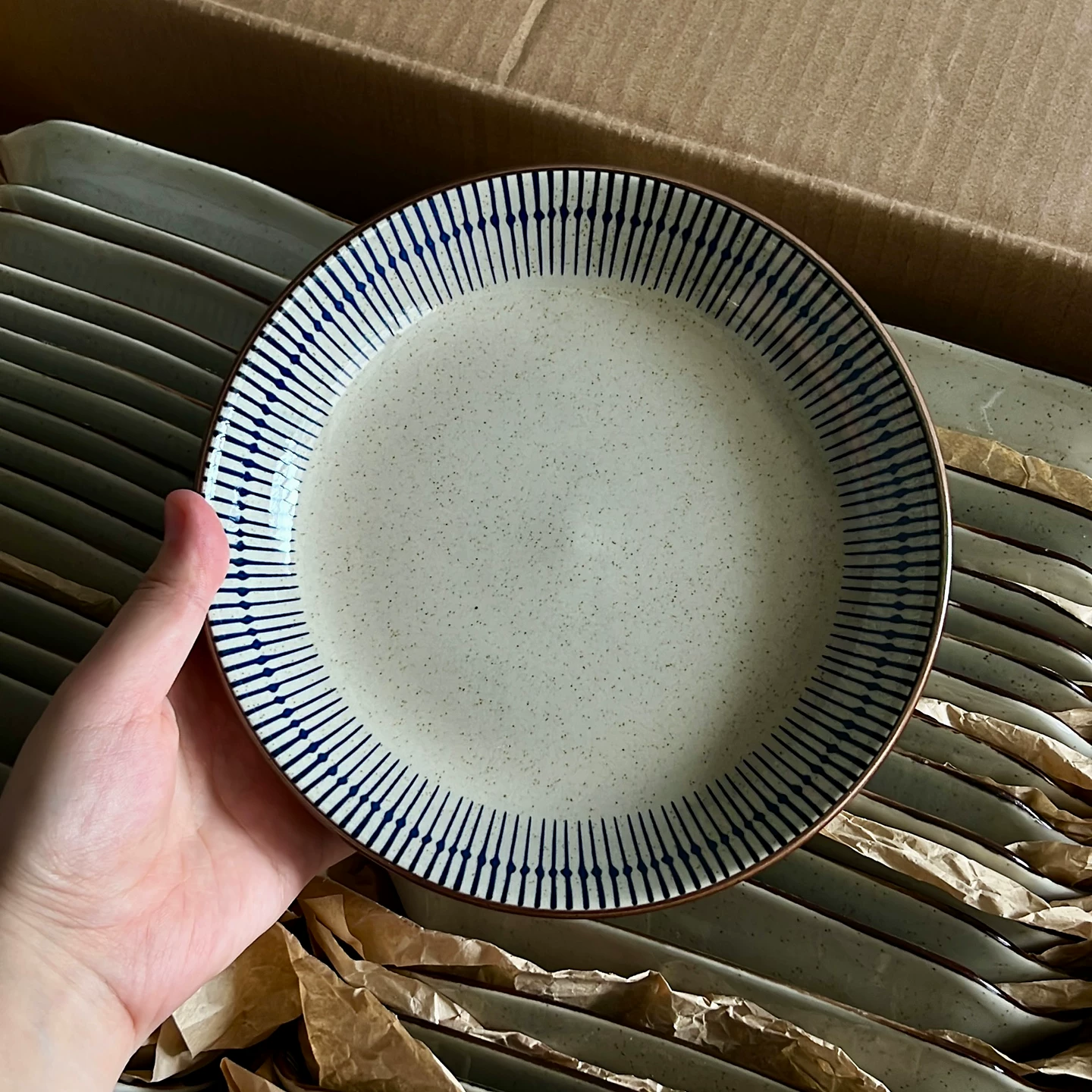 Japanese Style Blue Striped Ceramic Plate - Vintage Tableware